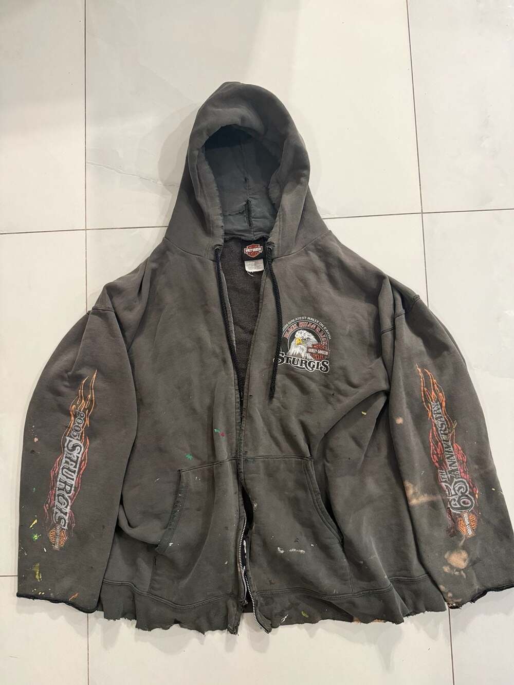 Y2K Harley Davidson 2005 Sturgis Black Hills Rally Zip Up Hoodie Flame Sleeves